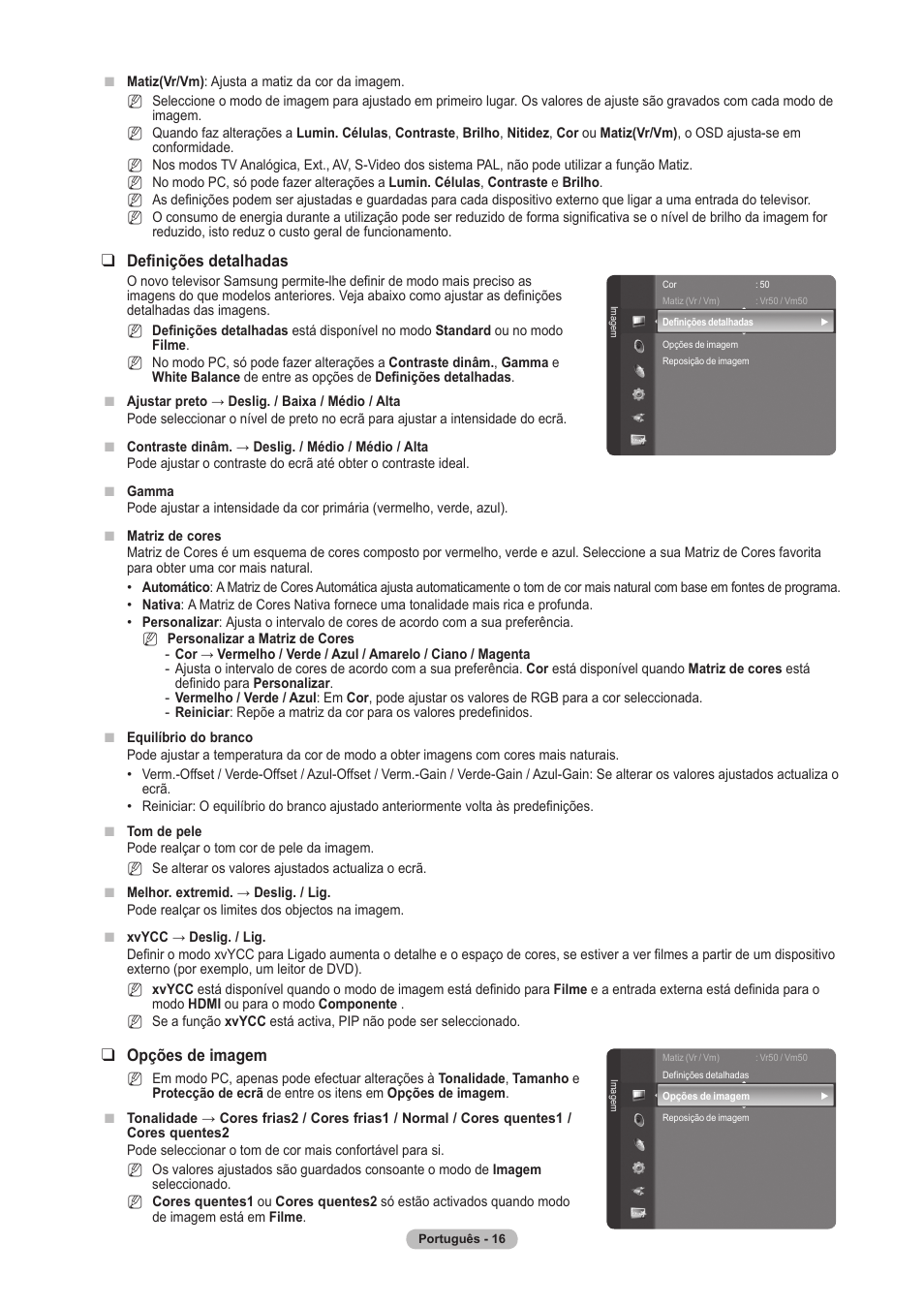 Definições detalhadas, Opções de imagem | Samsung PS63A756T1M User Manual | Page 265 / 436