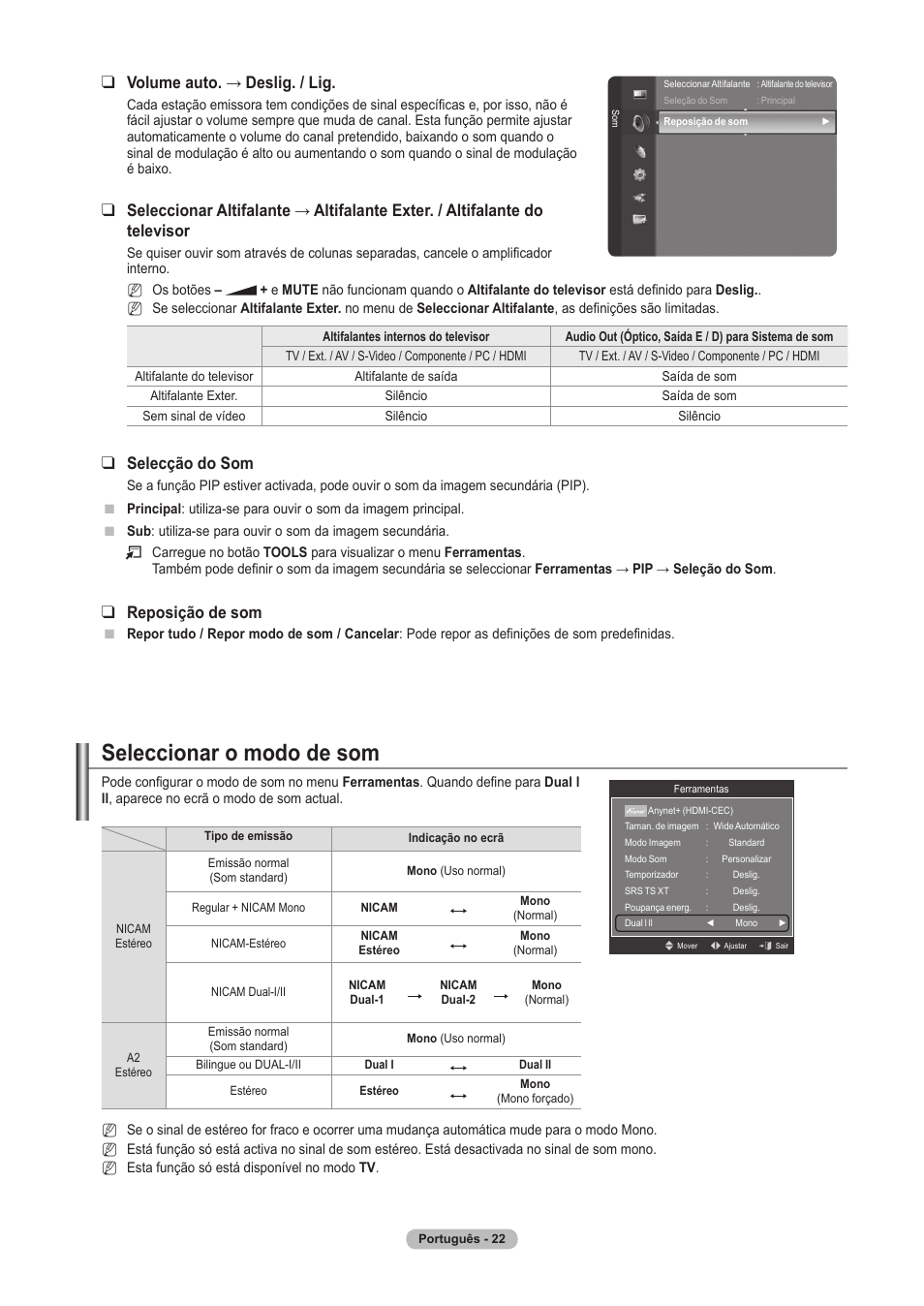 Seleccionar o modo de som, Volume auto. → deslig. / lig, Selecção do som | Reposição de som | Samsung PS63A756T1M User Manual | Page 271 / 436