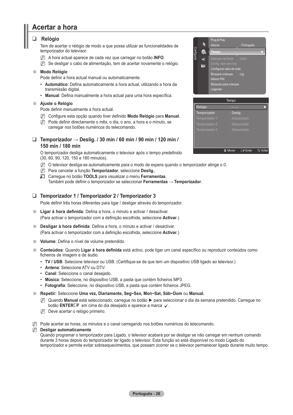 Acertar a hora, Relógio, Temporizador 1 / temporizador  / temporizador 3 | Samsung PS63A756T1M User Manual | Page 275 / 436