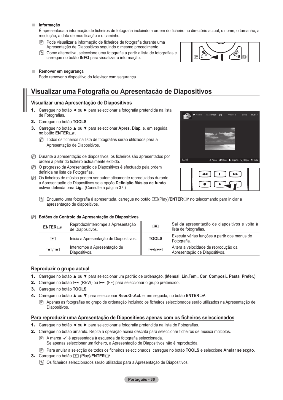 Visualizar uma apresentação de diapositivos, Reproduzir o grupo actual | Samsung PS63A756T1M User Manual | Page 285 / 436