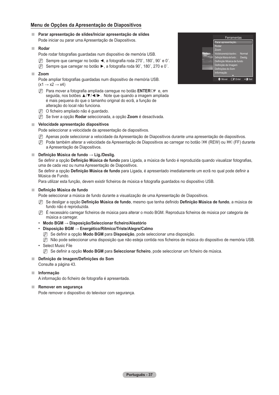 Menu de opções da apresentação de diapositivos | Samsung PS63A756T1M User Manual | Page 286 / 436