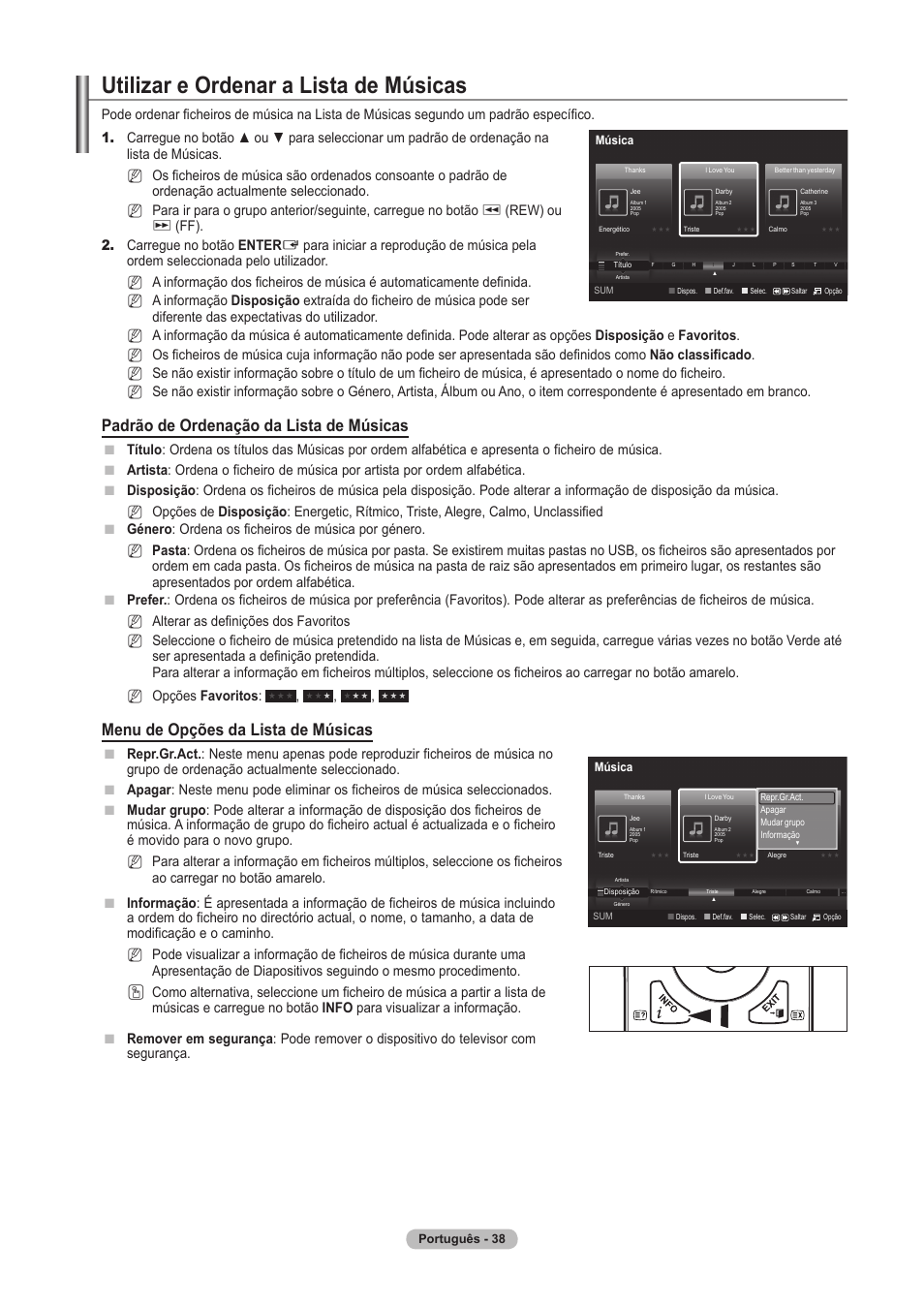 Utilizar e ordenar a lista de músicas, Padrão de ordenação da lista de músicas, Menu de opções da lista de músicas | Rew) ou, Ff). 2. carregue no botão enter, N n n | Samsung PS63A756T1M User Manual | Page 287 / 436