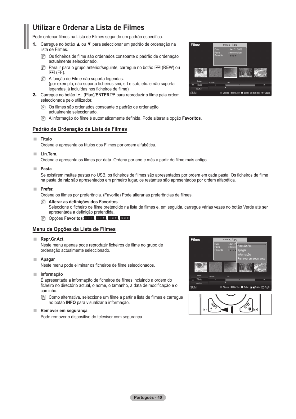 Utilizar e ordenar a lista de filmes, Padrão de ordenação da lista de filmes, Menu de opções da lista de filmes | Samsung PS63A756T1M User Manual | Page 289 / 436