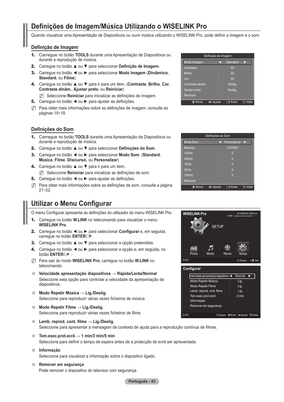 Utilizar o menu configurar, Definição de imagem, Definições do som | Samsung PS63A756T1M User Manual | Page 292 / 436