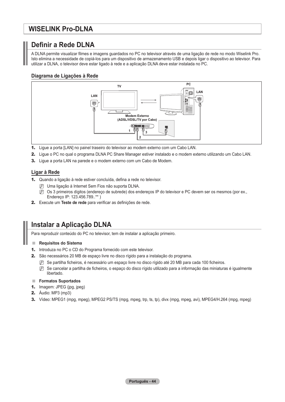Wiselink pro-dlna definir a rede dlna, Instalar a aplicação dlna | Samsung PS63A756T1M User Manual | Page 293 / 436