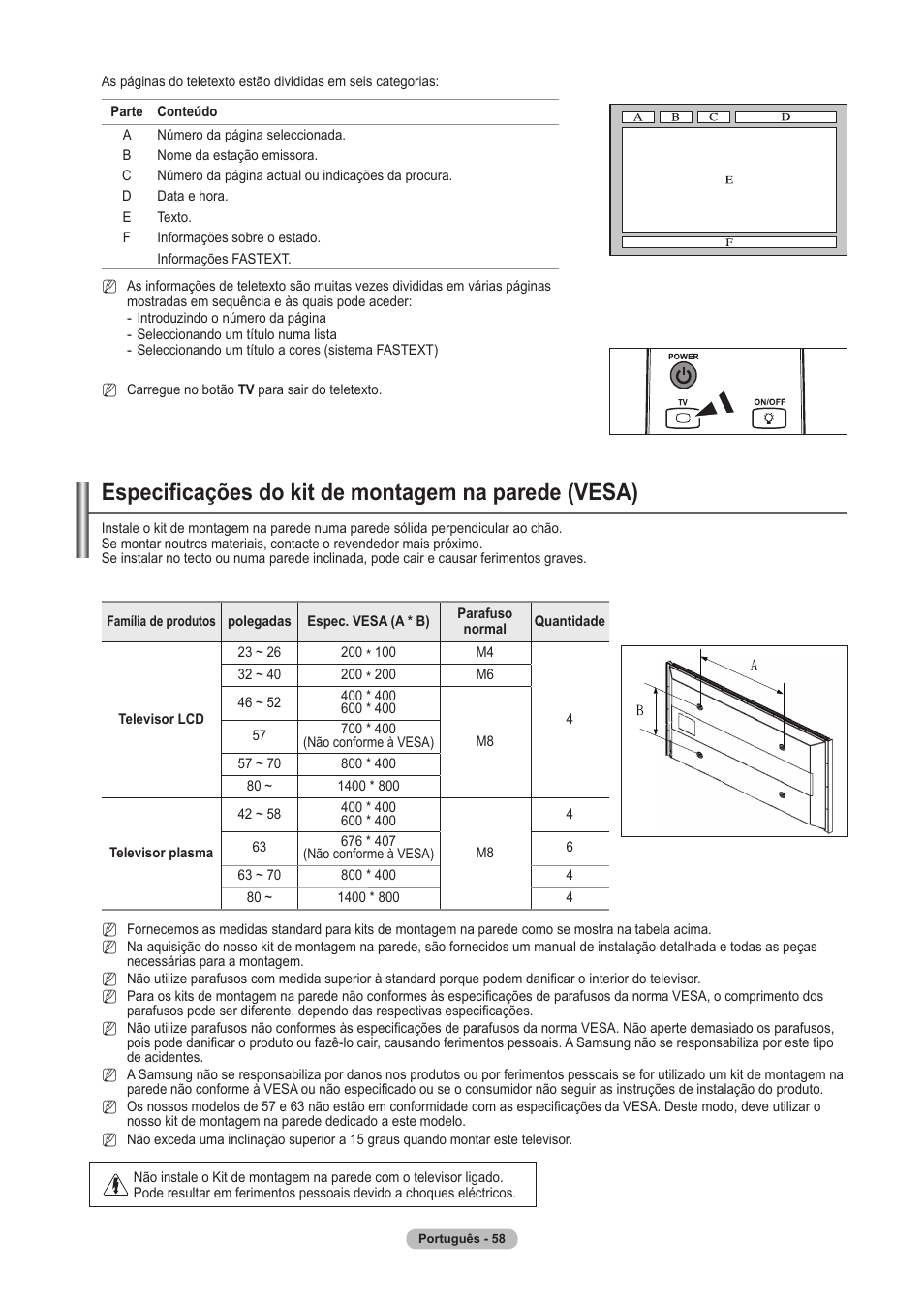 Especificações do kit de montagem na parede (vesa) | Samsung PS63A756T1M User Manual | Page 307 / 436