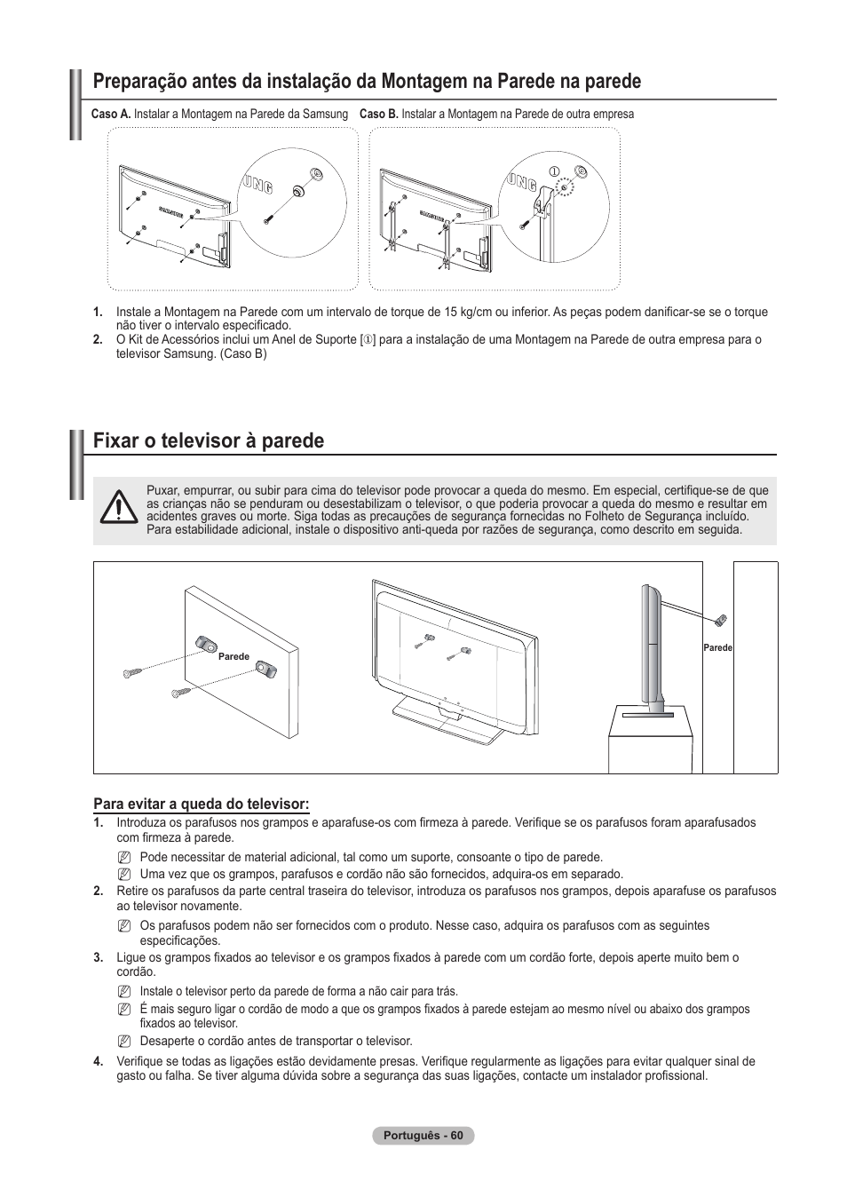 경고 주의 경고 주의, Fixar o televisor à parede | Samsung PS63A756T1M User Manual | Page 309 / 436