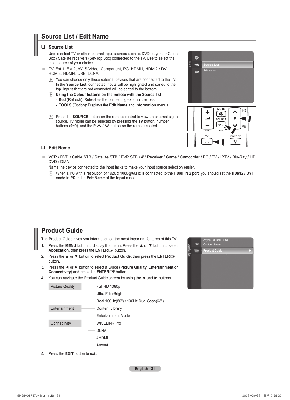 Source list / edit name, Product guide | Samsung PS63A756T1M User Manual | Page 31 / 436