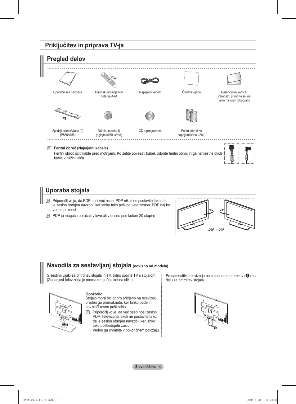 Priključitev in priprava tv-ja pregled delov, Uporaba stojala, Navodila za sestavljanj stojala | Samsung PS63A756T1M User Manual | Page 315 / 436