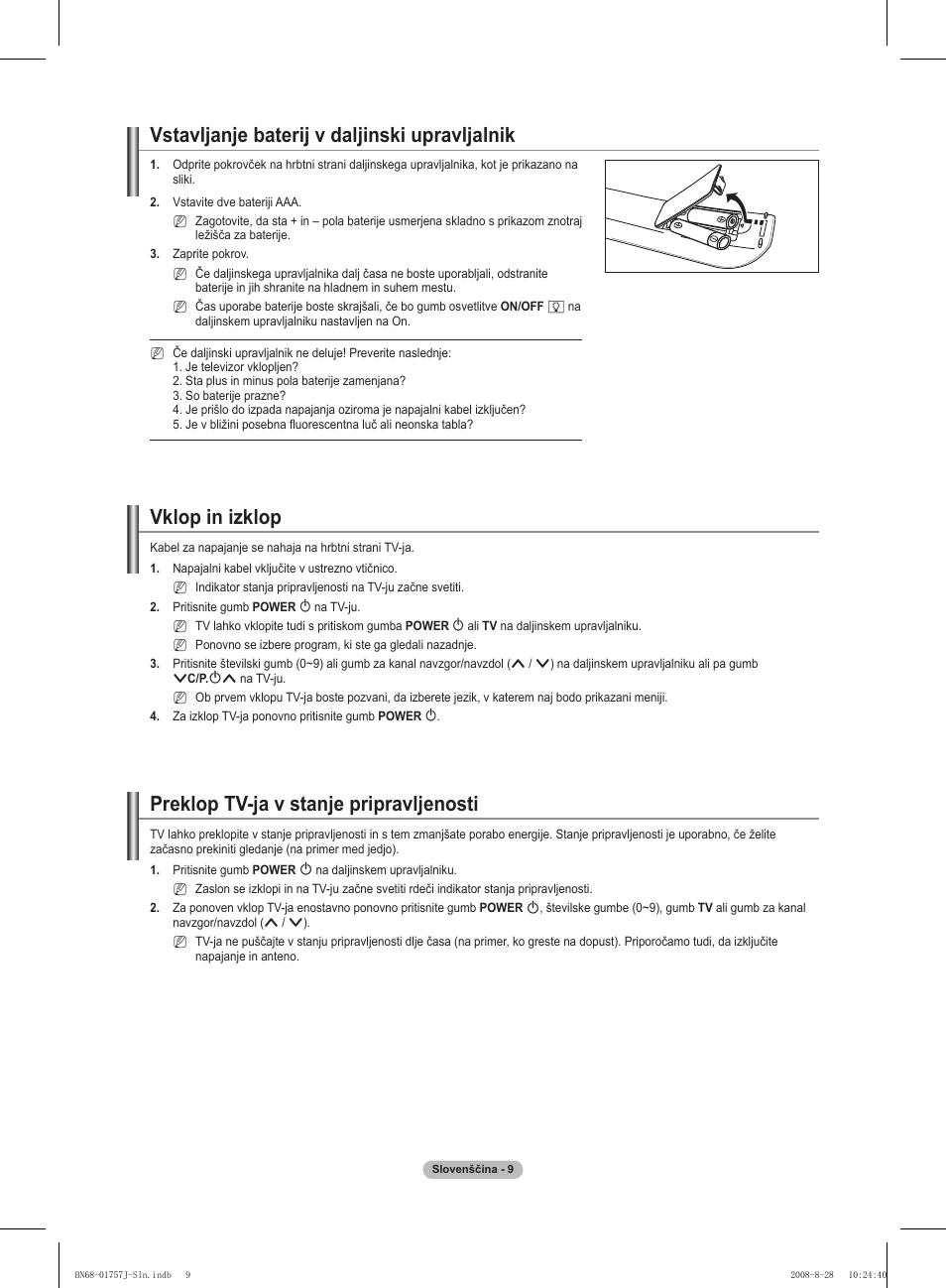 Vstavljanje baterij v daljinski upravljalnik, Vklop in izklop, Preklop tv-ja v stanje pripravljenosti | Samsung PS63A756T1M User Manual | Page 320 / 436