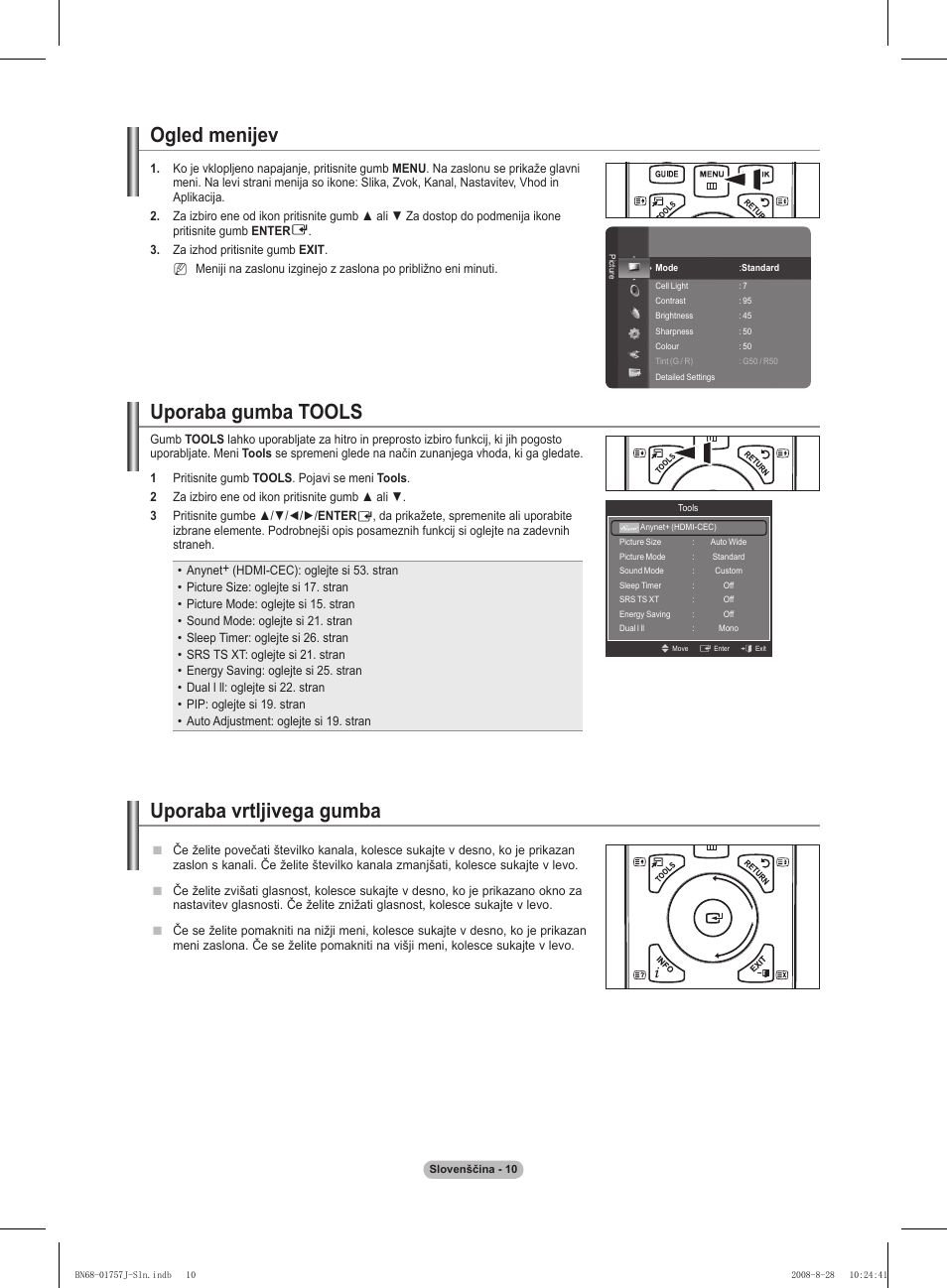 Ogled menijev, Uporaba gumba tools, Uporaba vrtljivega gumba | Samsung PS63A756T1M User Manual | Page 321 / 436
