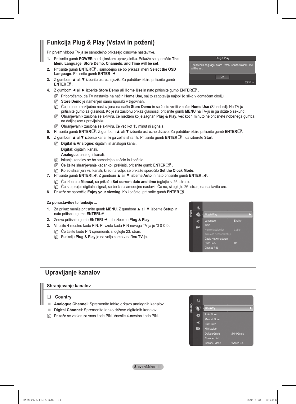 Funkcija plug & play (vstavi in poženi), Upravljanje kanalov, Shranjevanje kanalov | Country | Samsung PS63A756T1M User Manual | Page 322 / 436