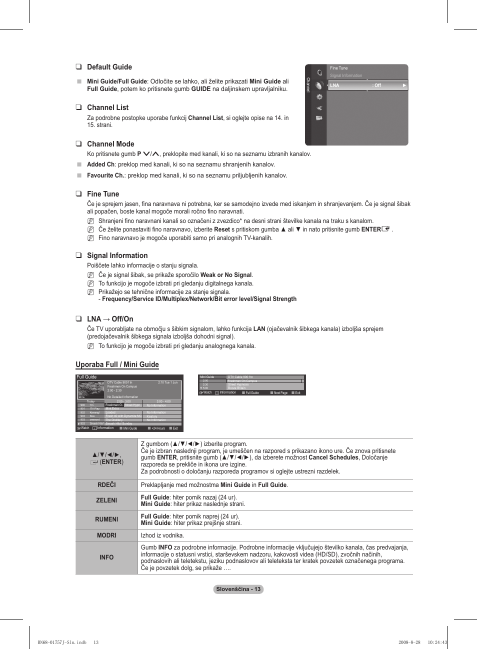 Default guide, Channel list, Channel mode | Fine tune, Signal information, Lna → off/on, Uporaba full / mini guide | Samsung PS63A756T1M User Manual | Page 324 / 436