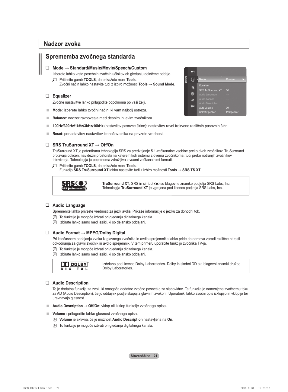 Nadzor zvoka sprememba zvočnega standarda | Samsung PS63A756T1M User Manual | Page 332 / 436