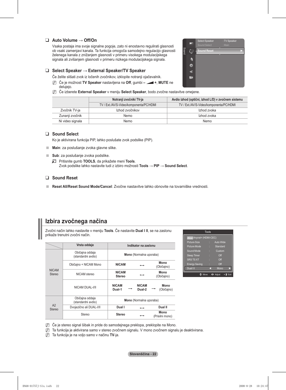 Izbira zvočnega načina, Auto volume → off/on, Select speaker → external speaker/tv speaker | Sound select, Sound reset | Samsung PS63A756T1M User Manual | Page 333 / 436