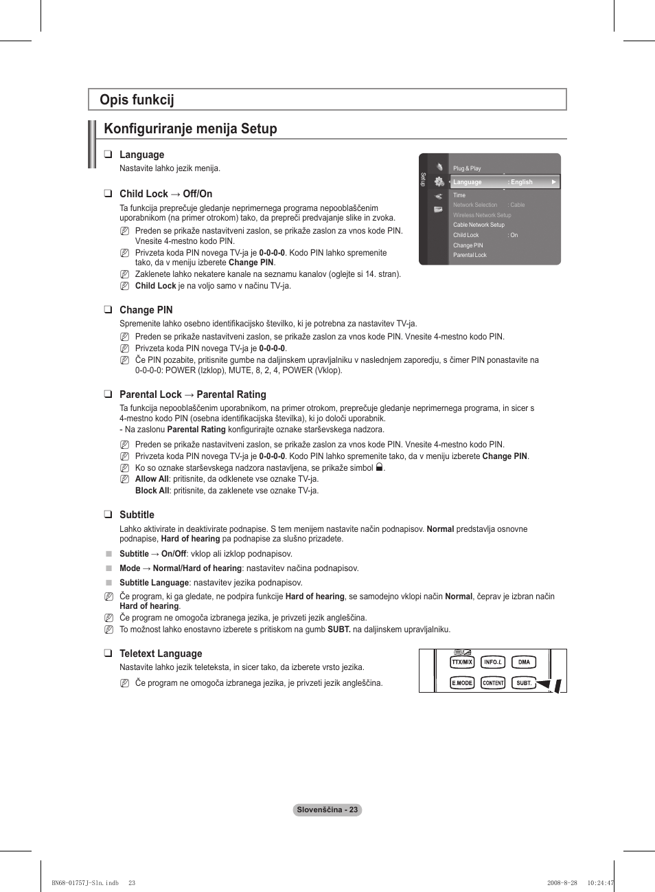 Konfiguriranje menija setup, Opis funkcij | Samsung PS63A756T1M User Manual | Page 334 / 436
