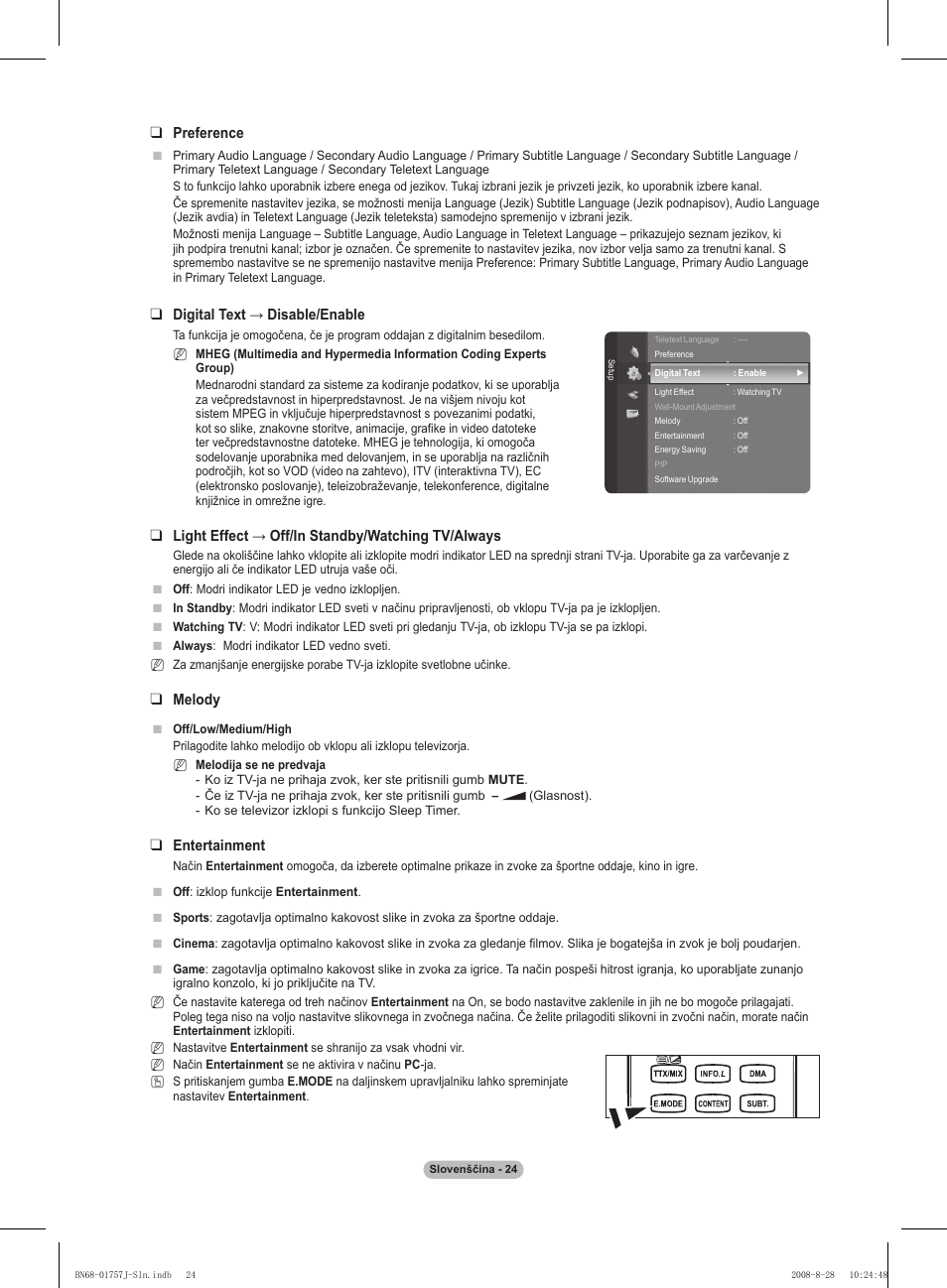 Preference, Digital text → disable/enable, Light effect → off/in standby/watching tv/always | Melody, Entertainment | Samsung PS63A756T1M User Manual | Page 335 / 436