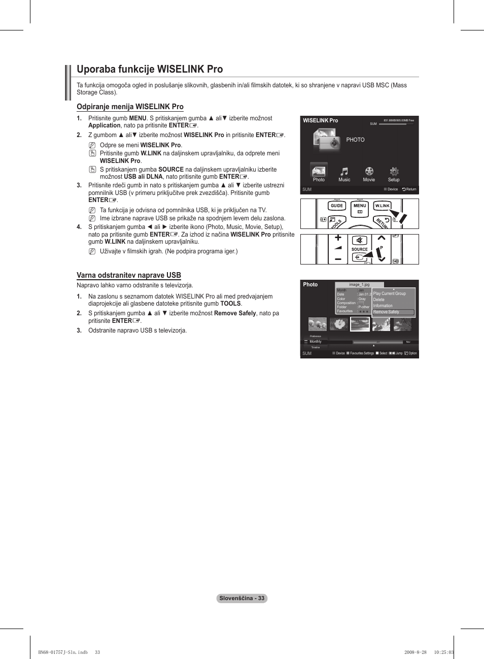 Uporaba funkcije wiselink pro, Odpiranje menija wiselink pro, Varna odstranitev naprave usb | Samsung PS63A756T1M User Manual | Page 344 / 436