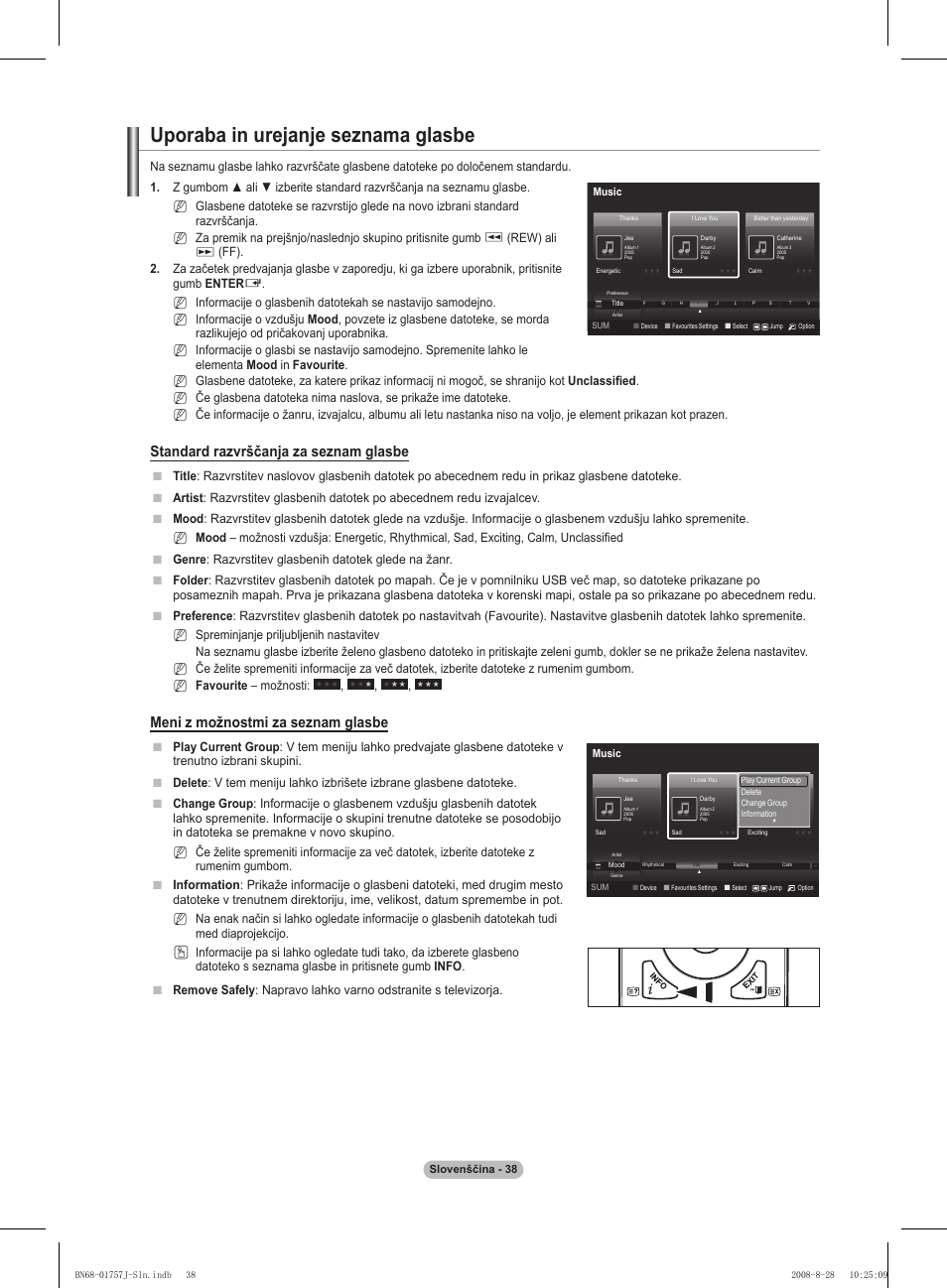 Uporaba in urejanje seznama glasbe, Standard razvrščanja za seznam glasbe, Meni z možnostmi za seznam glasbe | Rew) ali, Nn n | Samsung PS63A756T1M User Manual | Page 349 / 436