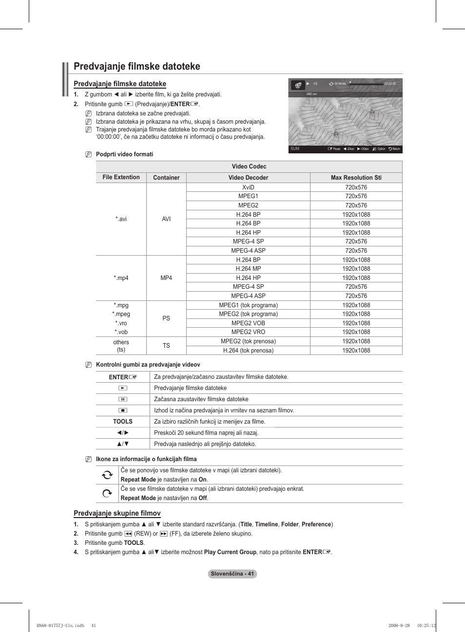 Predvajanje filmske datoteke, Predvajanje skupine filmov | Samsung PS63A756T1M User Manual | Page 352 / 436