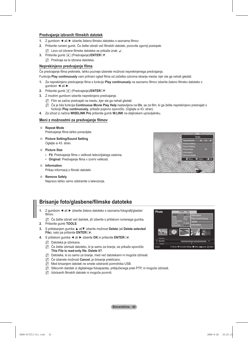 Brisanje foto/glasbene/filmske datoteke, Predvajanje izbranih filmskih datotek, Neprekinjeno predvajanje filma | Meni z možnostmi za predvajanje filmov | Samsung PS63A756T1M User Manual | Page 353 / 436