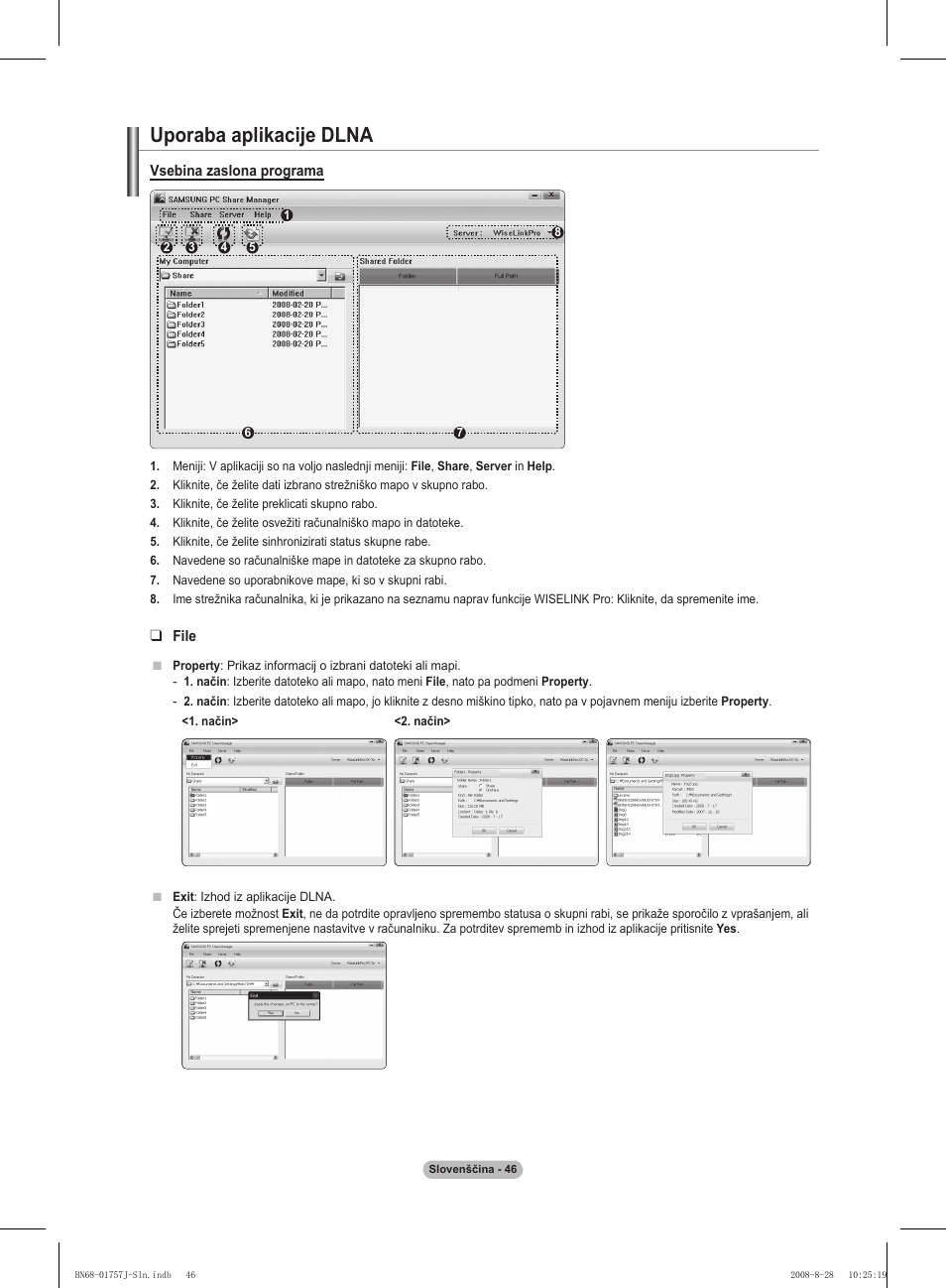 Uporaba aplikacije dlna, Vsebina zaslona programa, File | Samsung PS63A756T1M User Manual | Page 357 / 436