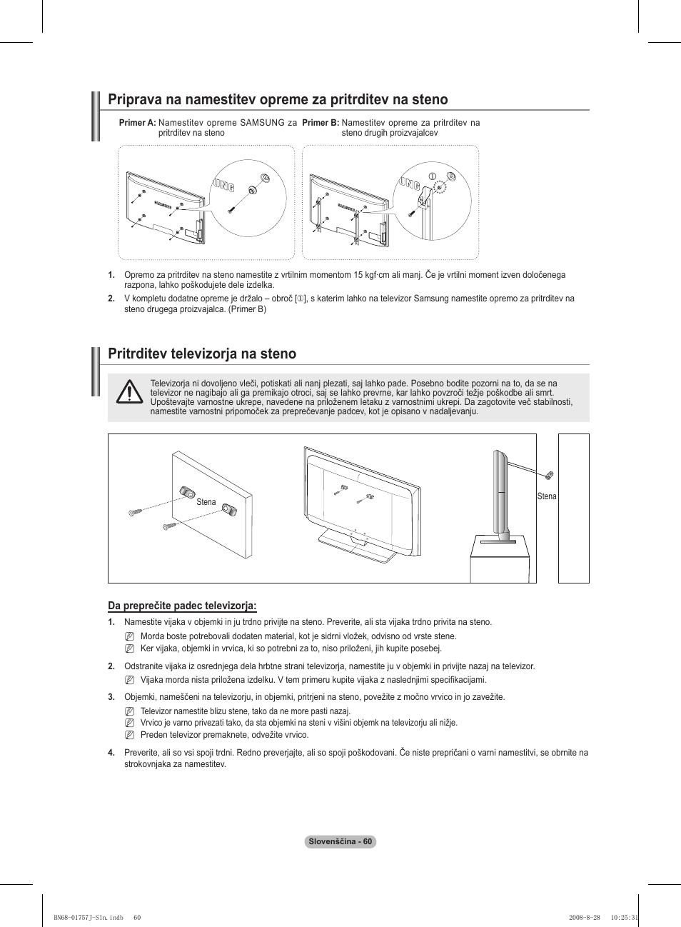 경고 주의 경고 주의, Pritrditev televizorja na steno | Samsung PS63A756T1M User Manual | Page 371 / 436