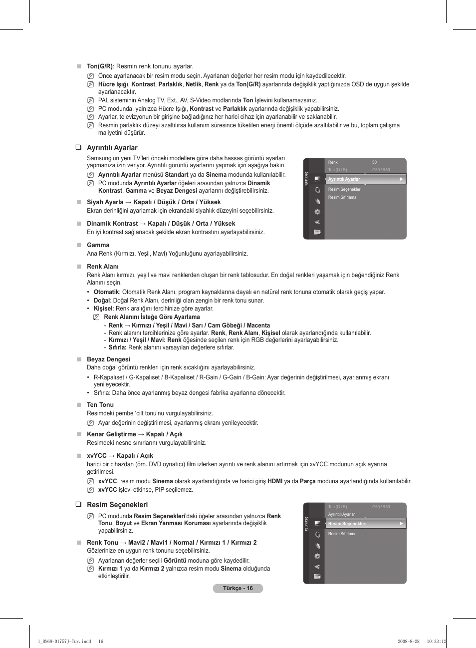 Ayrıntılı ayarlar, Resim seçenekleri | Samsung PS63A756T1M User Manual | Page 389 / 436