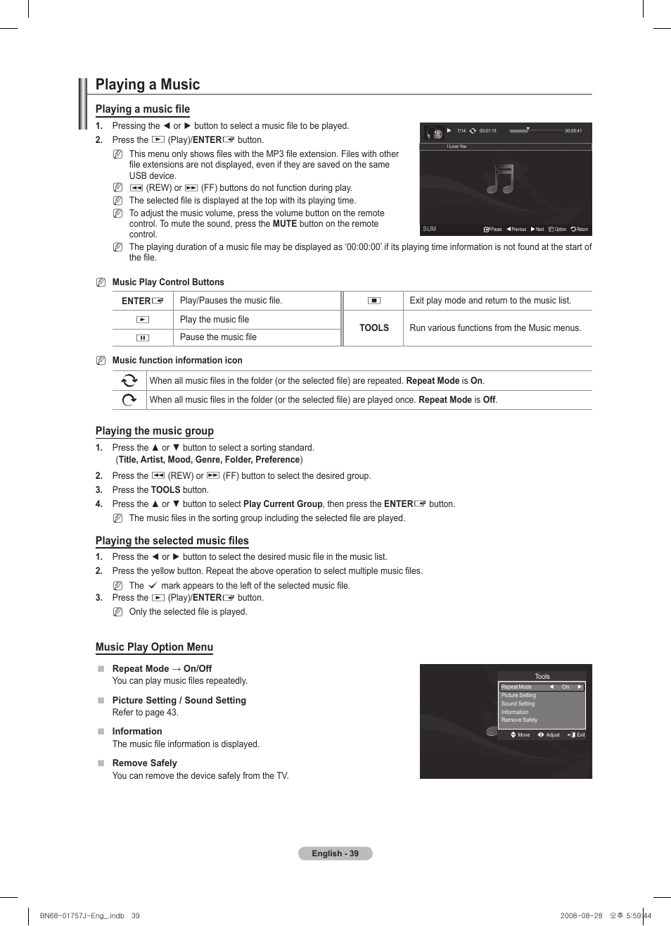 Playing a music, Playing a music file, Playing the music group | Playing the selected music files, Music play option menu | Samsung PS63A756T1M User Manual | Page 39 / 436