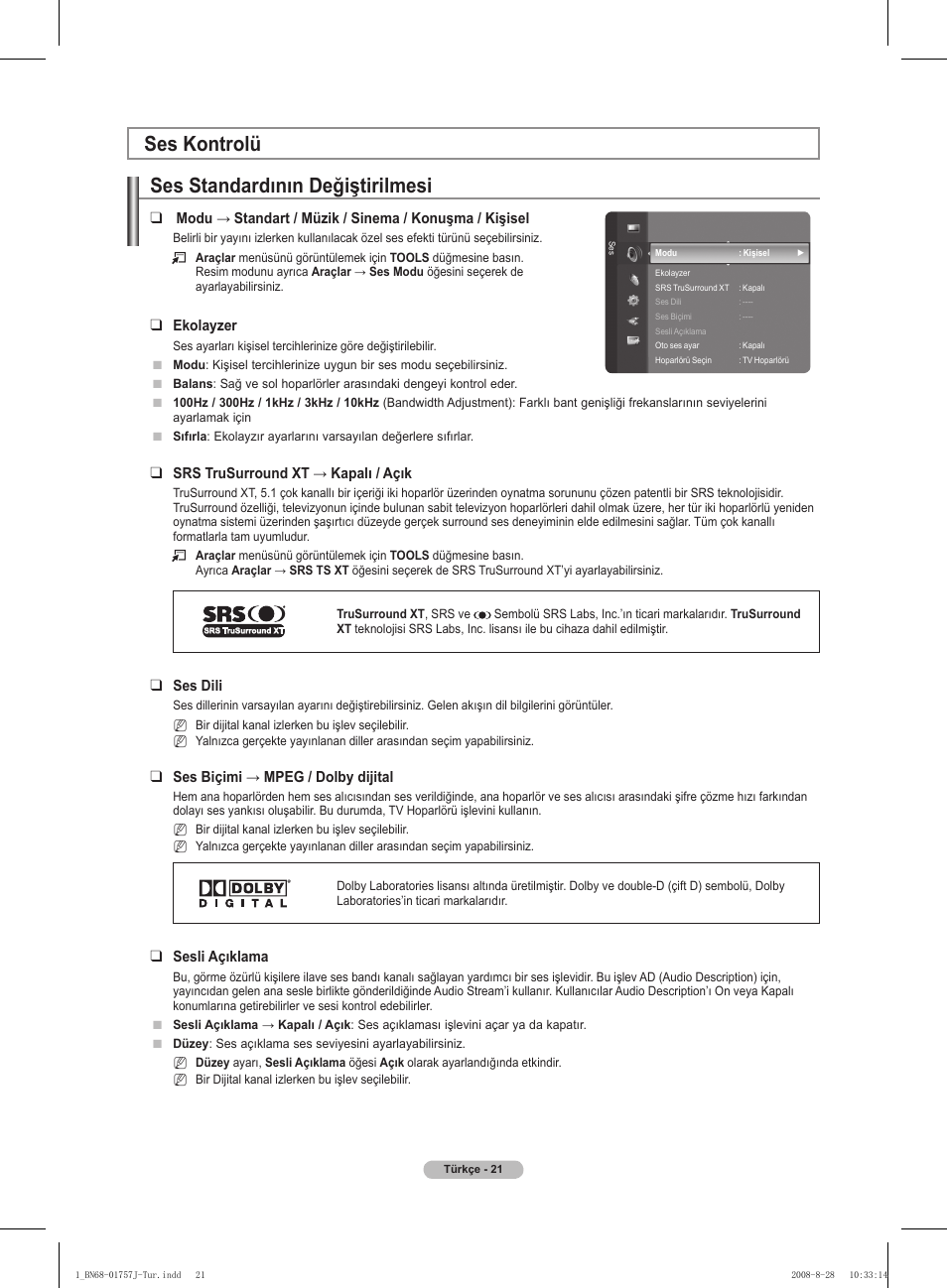 Ses kontrolü ses standardının değiştirilmesi | Samsung PS63A756T1M User Manual | Page 394 / 436