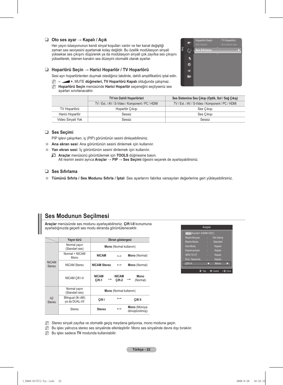 Ses modunun seçilmesi, Oto ses ayar → kapalı / açık, Hoparlörü seçin → harici hoparlör / tv hoparlörü | Ses seçimi, Ses sıfırlama | Samsung PS63A756T1M User Manual | Page 395 / 436