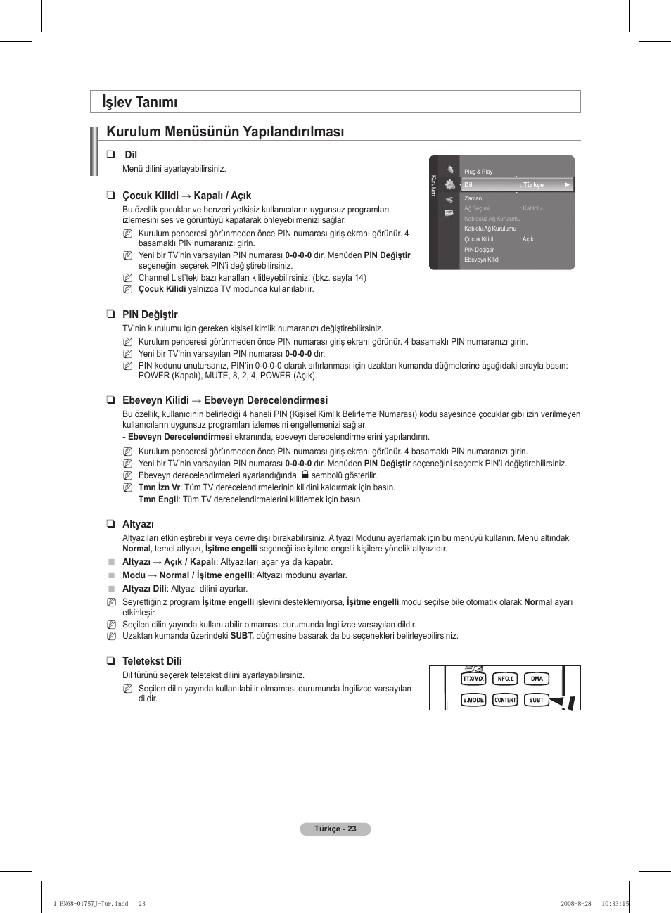 Kurulum menüsünün yapılandırılması, Işlev tanımı | Samsung PS63A756T1M User Manual | Page 396 / 436