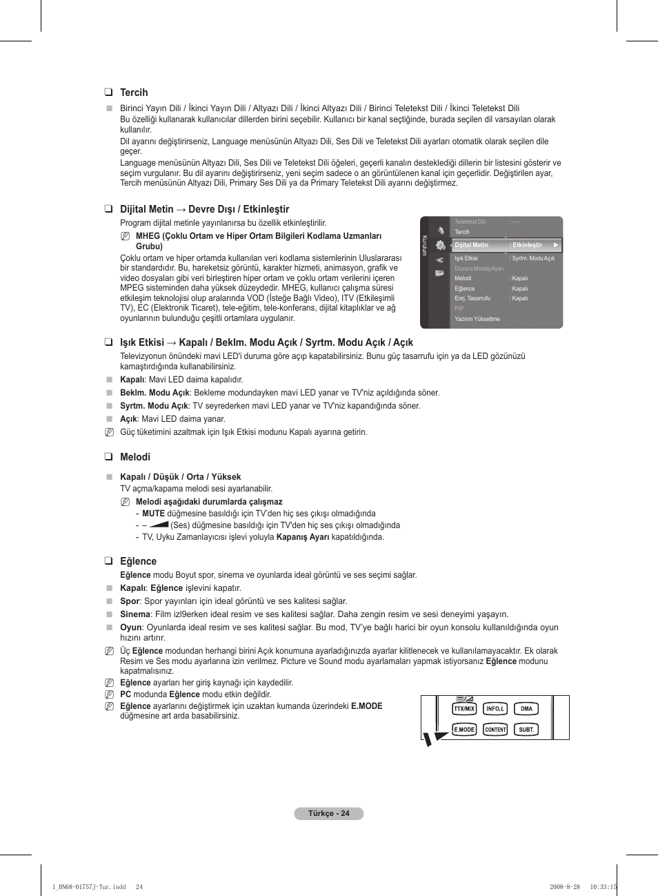 Tercih, Dijital metin → devre dışı / etkinleştir, Melodi | Eğlence | Samsung PS63A756T1M User Manual | Page 397 / 436