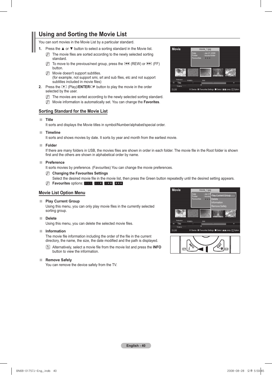 Using and sorting the movie list, Sorting standard for the movie list, Movie list option menu | Samsung PS63A756T1M User Manual | Page 40 / 436