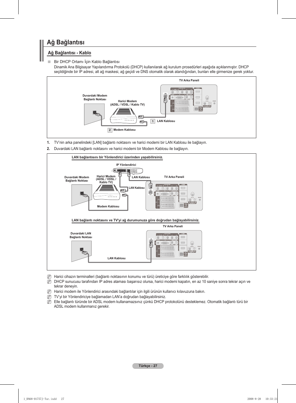 Ağ bağlantısı, Ağ bağlantısı - kablo | Samsung PS63A756T1M User Manual | Page 400 / 436