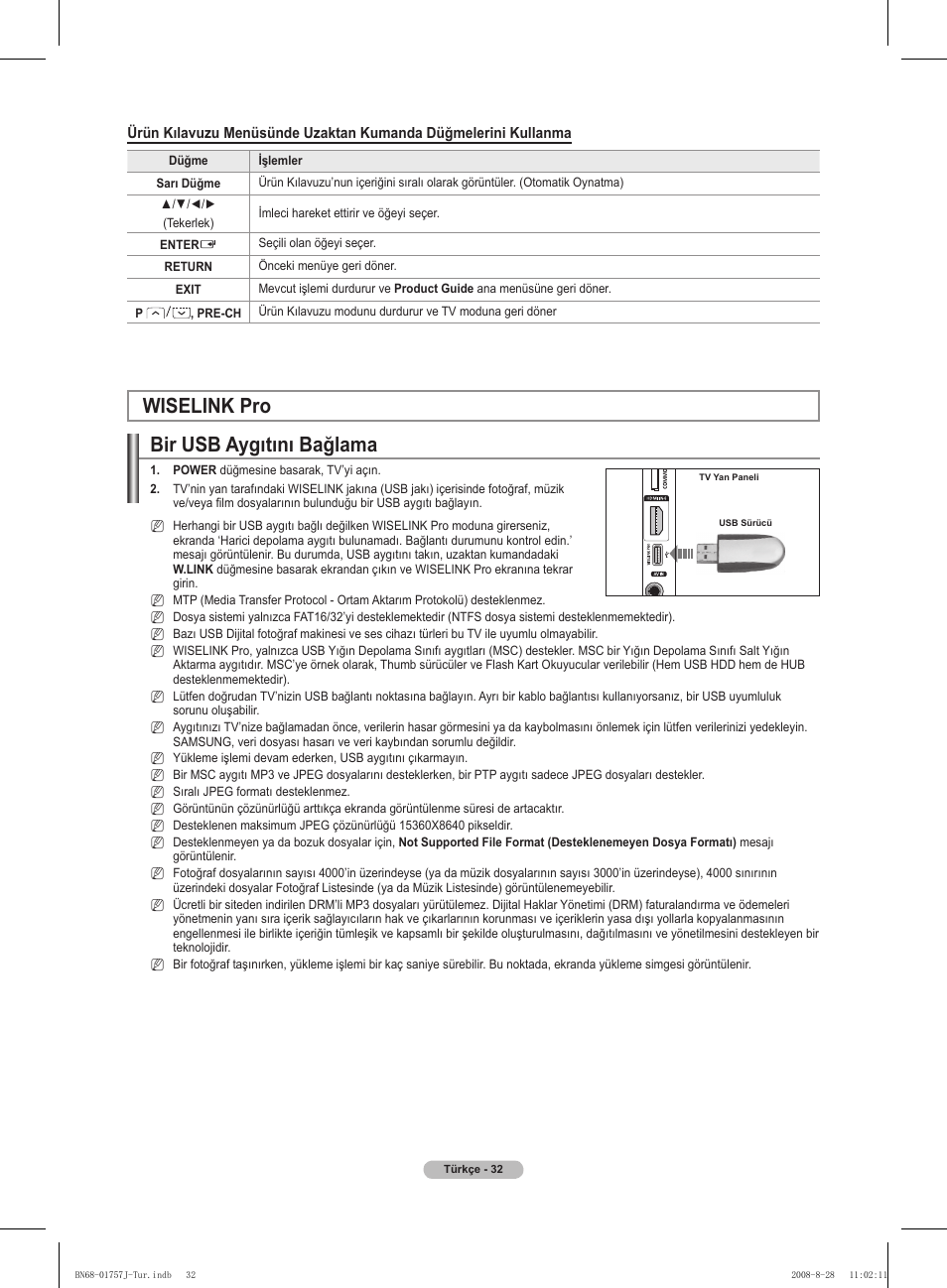 Bir usb aygıtını bağlama, Wiselink pro | Samsung PS63A756T1M User Manual | Page 405 / 436