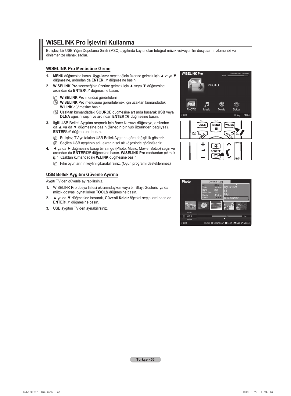 Wiselink pro işlevini kullanma, Wiselink pro menüsüne girme, Usb bellek aygıtını güvenle ayırma | Samsung PS63A756T1M User Manual | Page 406 / 436
