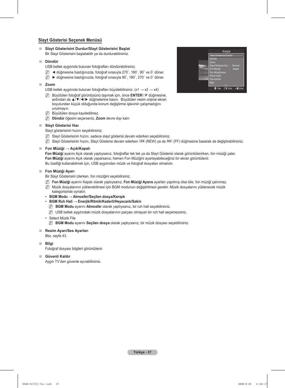 Slayt gösterisi seçenek menüsü | Samsung PS63A756T1M User Manual | Page 410 / 436