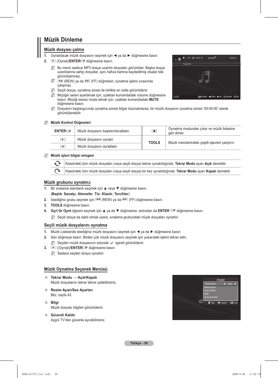 Müzik dinleme, Müzik dosyası çalma, Müzik grubunu oynatm | Seçili müzik dosyalarını oynatma, Müzik oynatma seçenek menüsü | Samsung PS63A756T1M User Manual | Page 412 / 436