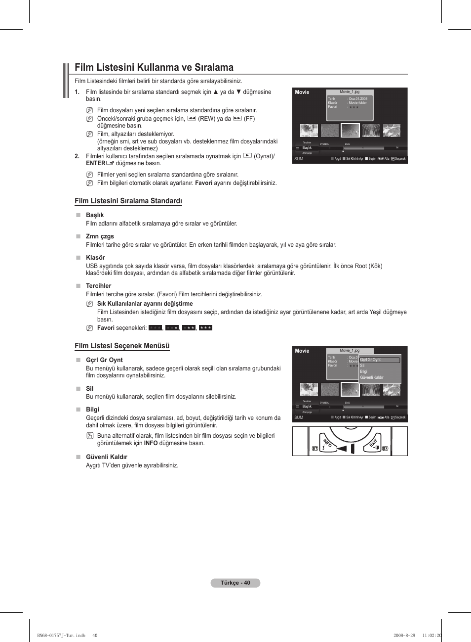 Film listesini kullanma ve sıralama, Film listesini sıralama standardı, Film listesi seçenek menüsü | Samsung PS63A756T1M User Manual | Page 413 / 436