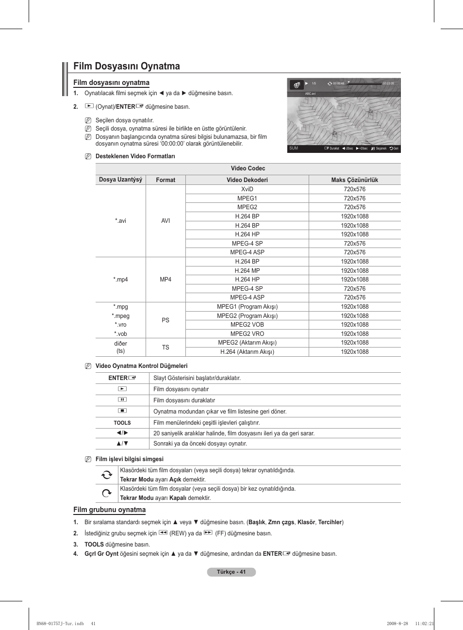 Film dosyasını oynatma | Samsung PS63A756T1M User Manual | Page 414 / 436