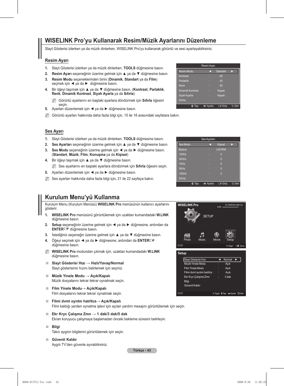 Kurulum menu’yü kullanma, Resim ayarı, Ses ayarı | Samsung PS63A756T1M User Manual | Page 416 / 436