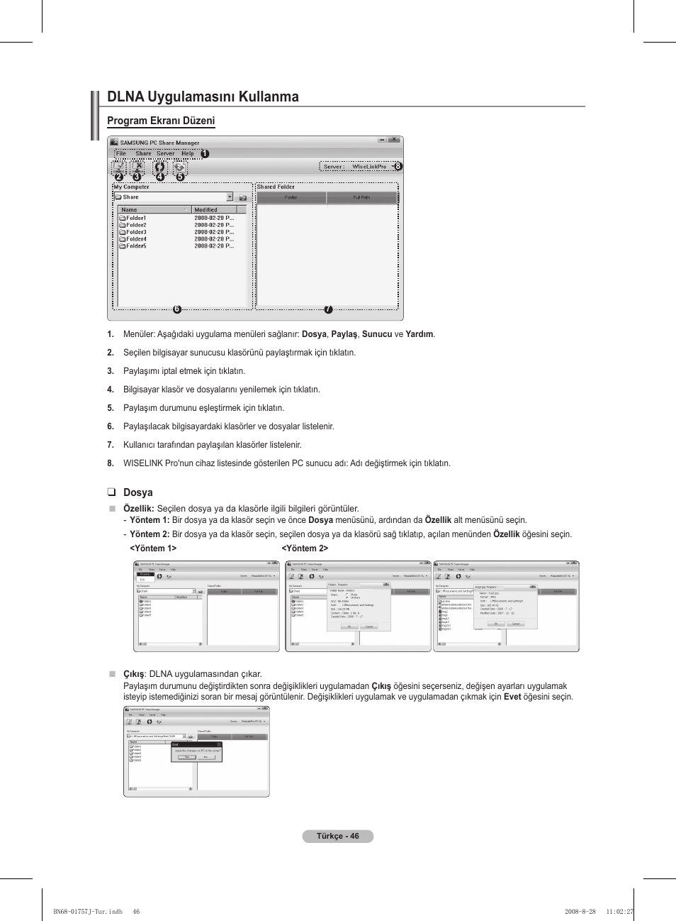 Dlna uygulamasını kullanma, Program ekranı düzeni, Dosya | Samsung PS63A756T1M User Manual | Page 419 / 436