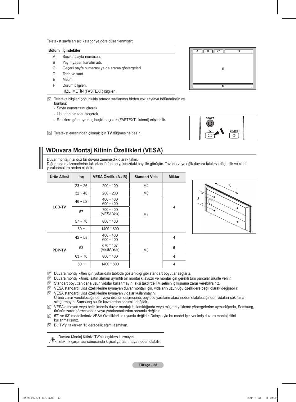 Wduvara montaj kitinin özellikleri (vesa) | Samsung PS63A756T1M User Manual | Page 431 / 436