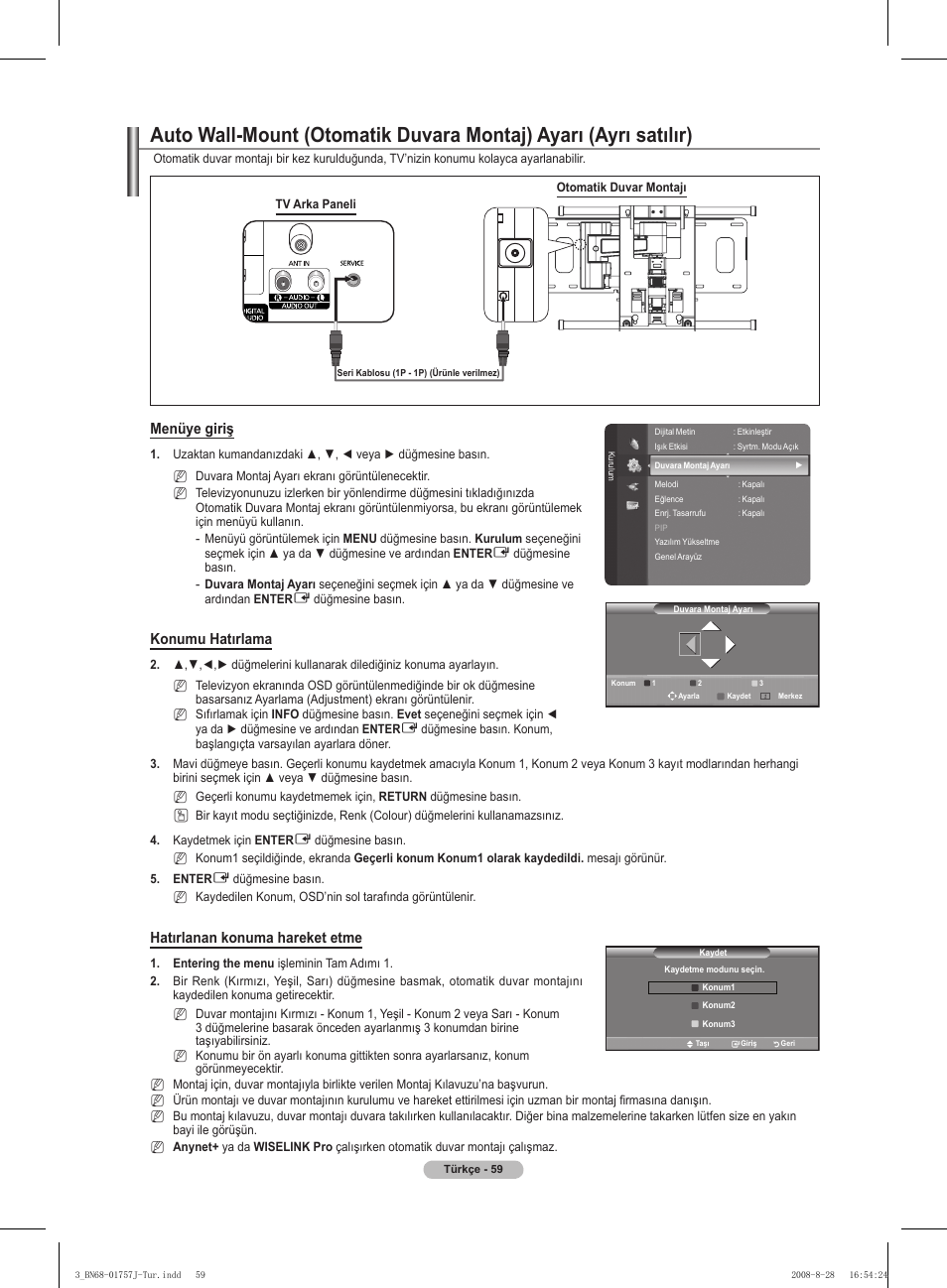 Menüye giriş, Konumu hatırlama, Hatırlanan konuma hareket etme | Samsung PS63A756T1M User Manual | Page 432 / 436