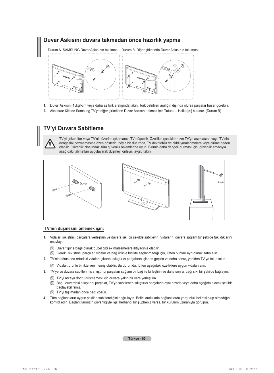경고 주의 경고 주의, Tv’yi duvara sabitleme, Duvar askısını duvara takmadan önce hazırlık yapma | Samsung PS63A756T1M User Manual | Page 433 / 436