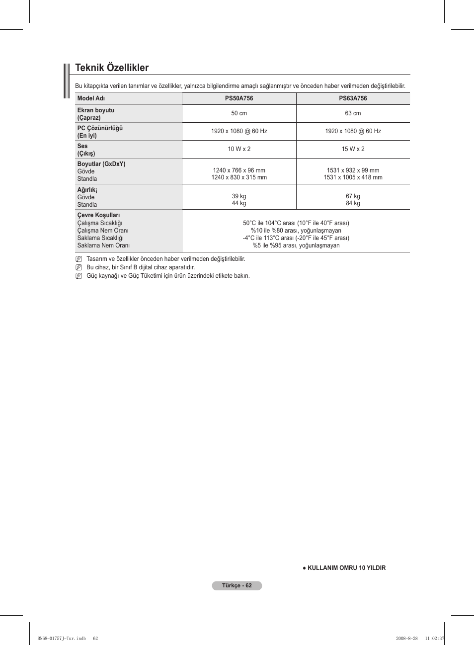 Teknik özellikler | Samsung PS63A756T1M User Manual | Page 435 / 436