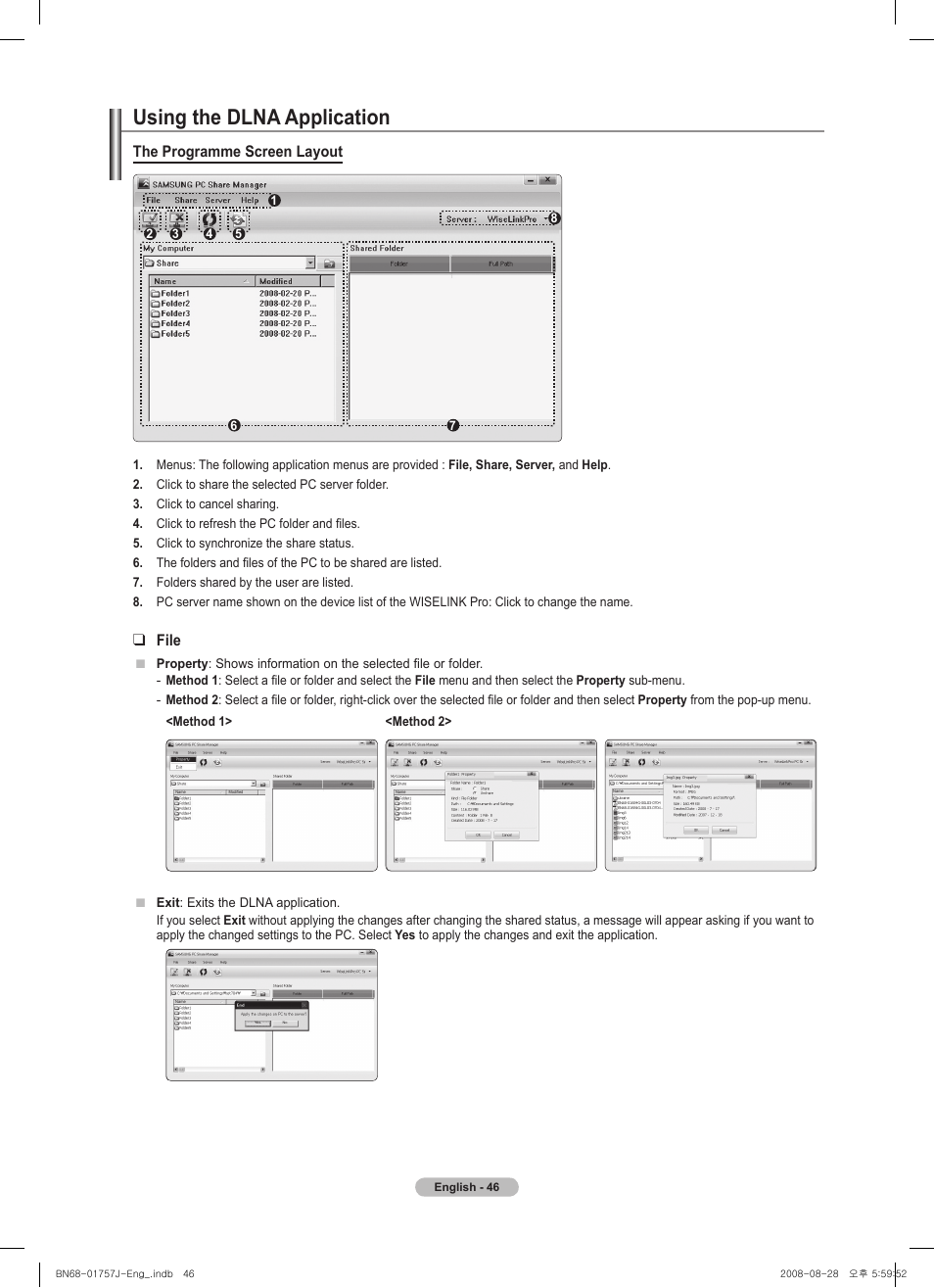 Using the dlna application, The programme screen layout, File | Samsung PS63A756T1M User Manual | Page 46 / 436