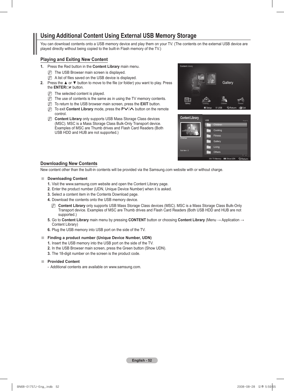 Playing and exiting new content, Downloading new contents | Samsung PS63A756T1M User Manual | Page 52 / 436