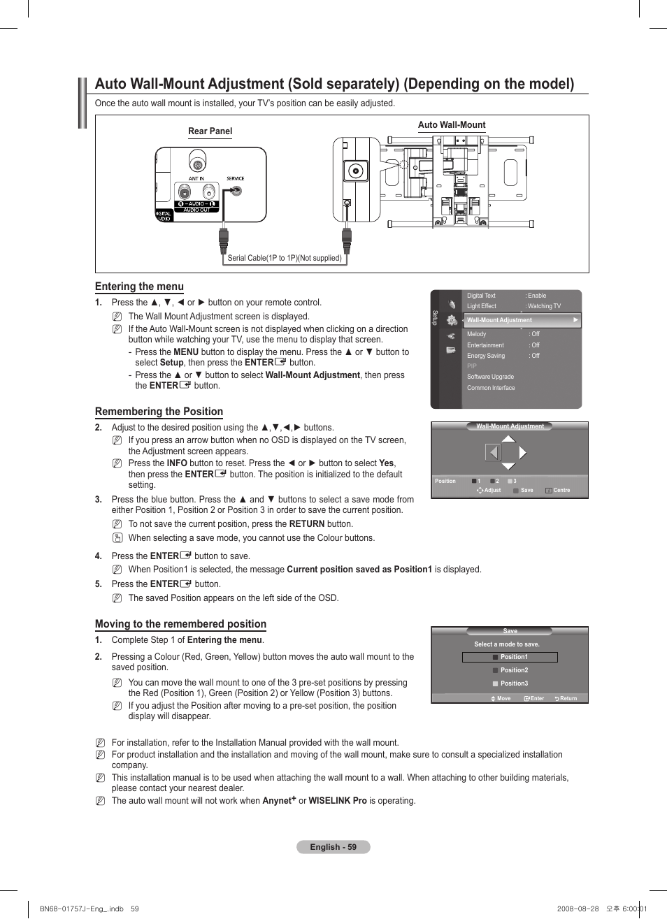 Entering the menu, Remembering the position, Moving to the remembered position | Samsung PS63A756T1M User Manual | Page 59 / 436